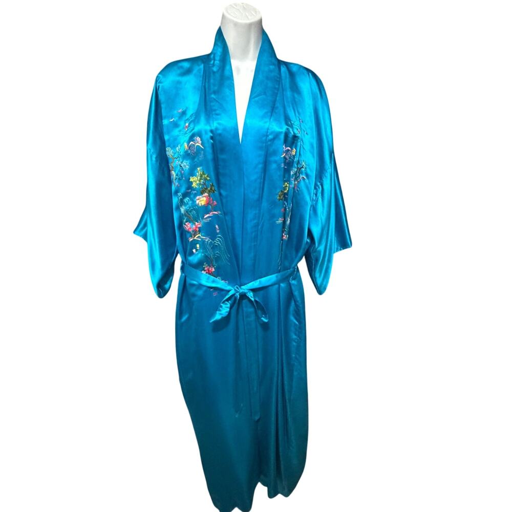 Vintage Golden Bee Chinese Embroidered Satin Kimono Robe Blue Rayon Sz L Belted